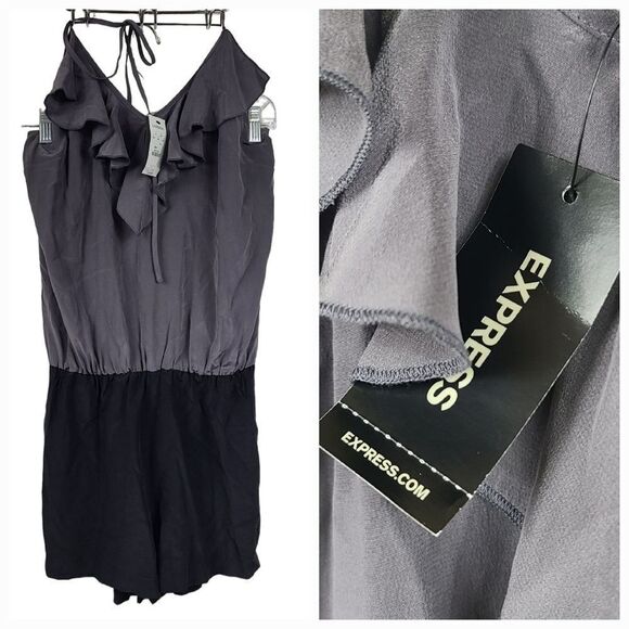 Express NWT Silk Romper Gray Ruffled Halter V-Neck Strappy Sleeveless Party Club - Picture 1 of 7
